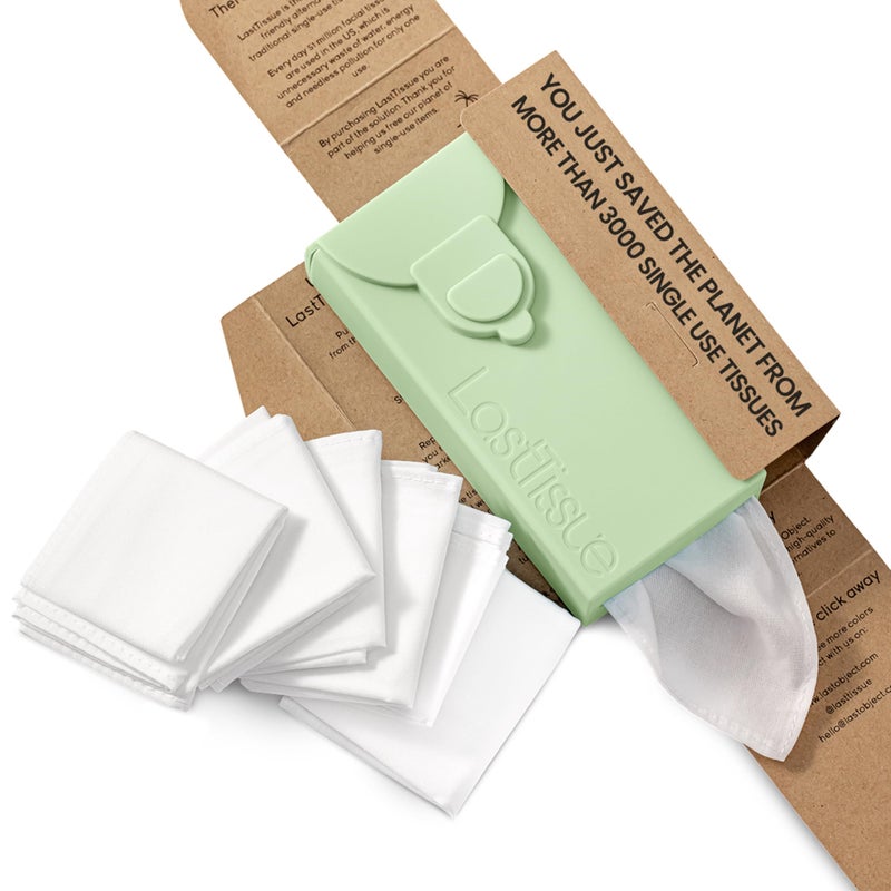 LastTissueÂ® Reusable Cotton Tissue Pack | Face Towels & Handkerchiefs for Men & Women â€“ Washable, Sustainable Facial Tissue with Storage Case - Green - Image 1